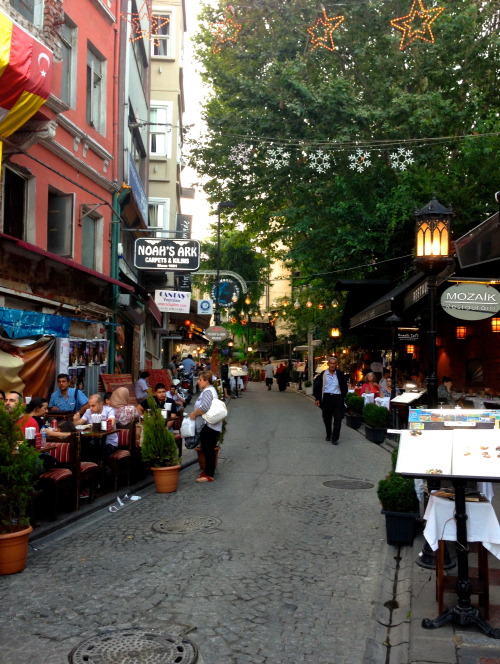 Busy street of restaurants in Istanbul, Turkey