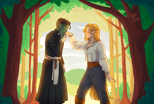 xogul and anahel being gay in the woods!!! they’re from our dnd campaign and i have a lot of art of 