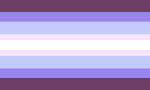 A rectangular, nine striped flag. The first, third, seventh, and eighth are the thickest. The fourth and sixth are the thinnest. The colours from top to bottom are as follows: Dusty purple, lavender-blue, light periwinkle, almost-white purple, full white, almost-white purple, light periwinkle, lavender-blue, dusty purple.
