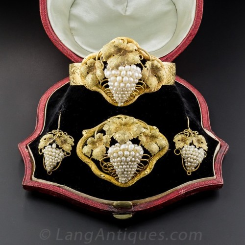 vysjewelry:Victorian pearl and gold grape cluster parure in original case (at Lang Antiques)  