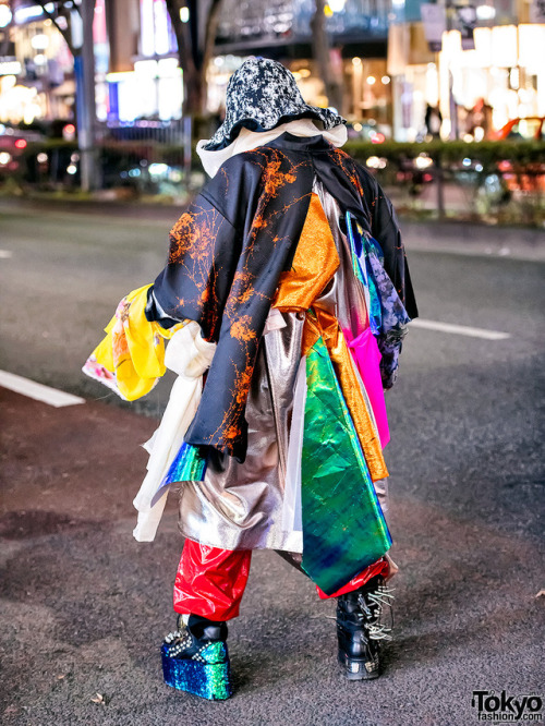 17-year-old Japanese high school student Kanji on the street in Harajuku wearing an avantgarde handm