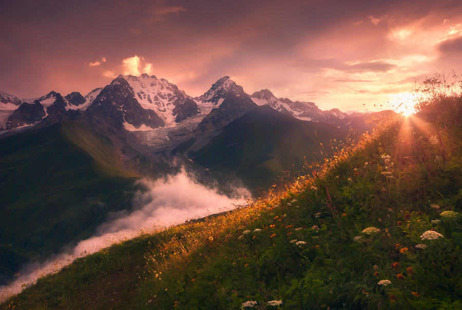 te5seract:  Sunrise over Caucasus Mountains, Magical Light &amp; Magical Sunset