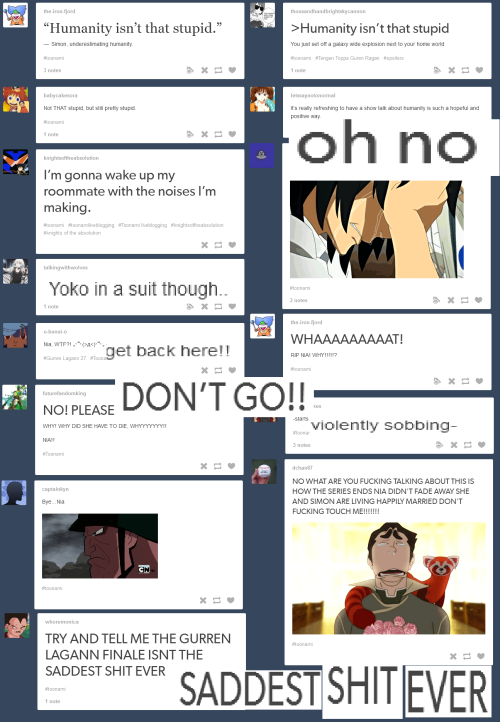 canadiananimatorguy:  Tumblr reacts to: Gurren Lagann FinaleI did episode 8 so I figured I’d do episode 27 as well.