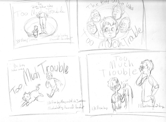 Pencil thumbnails of cover designs all showing some level of mischief from a young boy