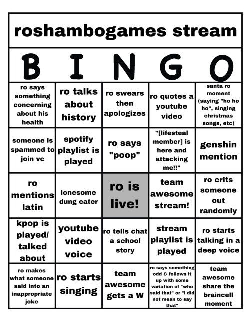 Roshambo Stream Bingo!!