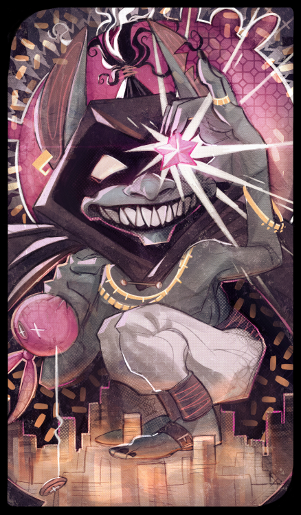 a tarot card of my lil stinker goblin boy, Shitegg (it’s pronounced “she-taeg“, because yes i still 