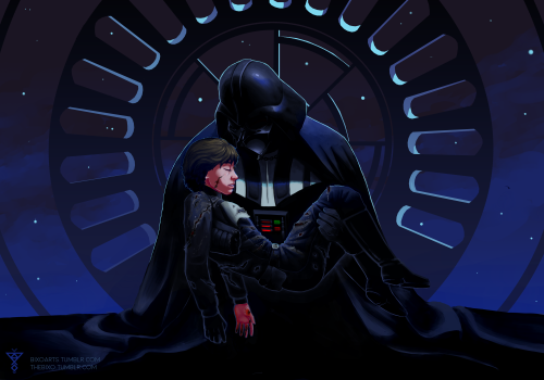 Kneeling by his side, Vader gathers Luke up reverently, cradling him in his arms as best he can with