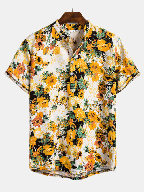 neon-avocado: Cotton Leaf Printed Chest Pocket Turn Down Collar Short Sleeve Shirts Check out HERE 2