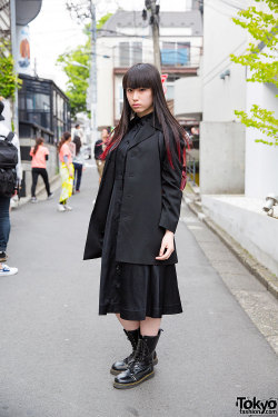 tokyo-fashion:  19-year-old Ayaca on the street in Harajuku with dip dye hair, a Yohji Yamamoto coat, and resale lace up boots. Full Look