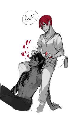 crimson-chains:  A little Debernet thing &gt;w&lt;Devil’s horns get dry and itchy sometimes, so, Cabernet is there to help with that! :DGot a little too into it perhaps XD