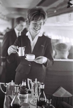 modern1960s:Time for tea aboard a Lufthansa Boeing 707 in 1960.