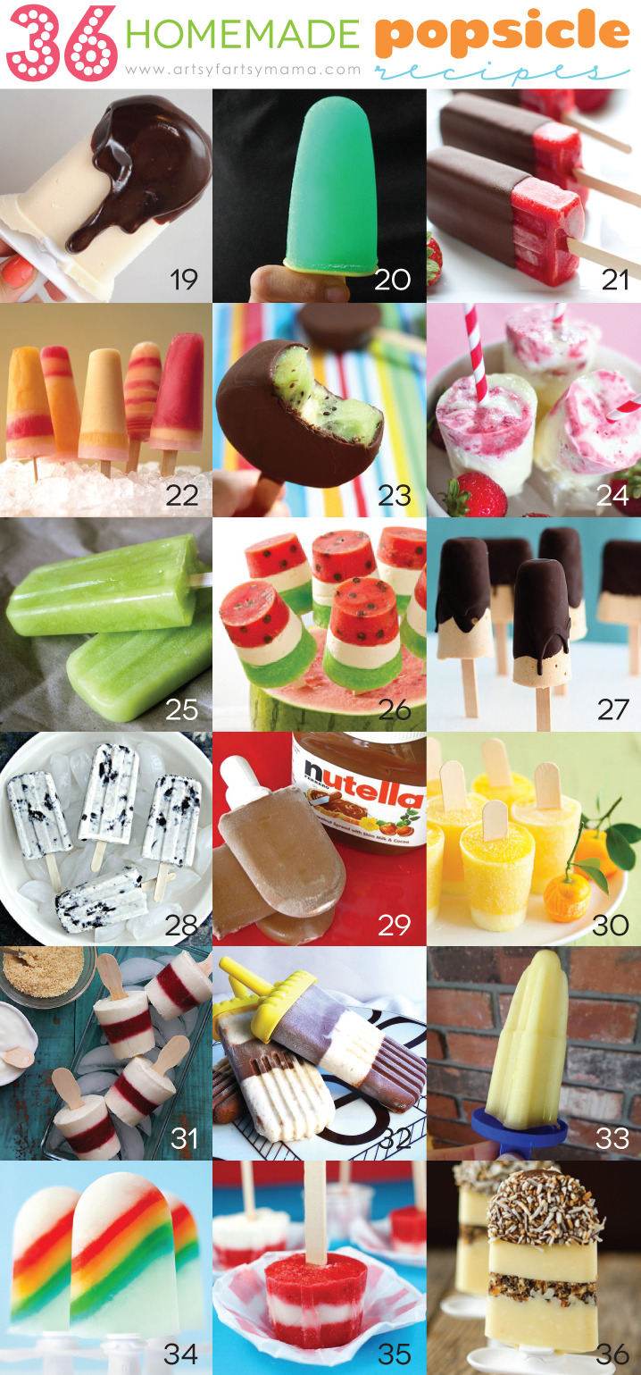 thecakebar:  36 Homemade Popsicle Recipes By Artsy Mama 1. Rainbow Pudding Pops by