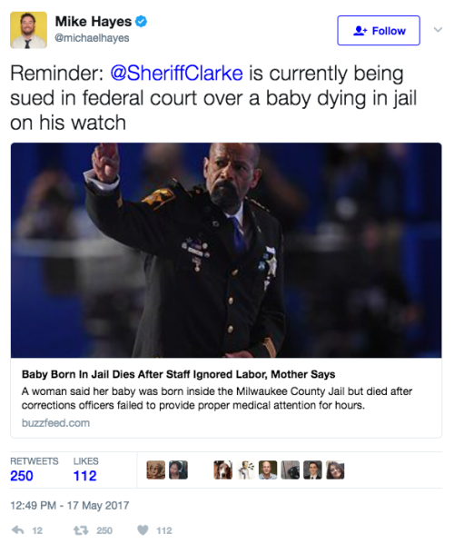 mediamattersforamerica:Trump just tapped Fox favorite David Clarke for a federal position in the Dept. of Homeland Security. Meanwhile, people are dying in his jails and he’s nowhere to be found.