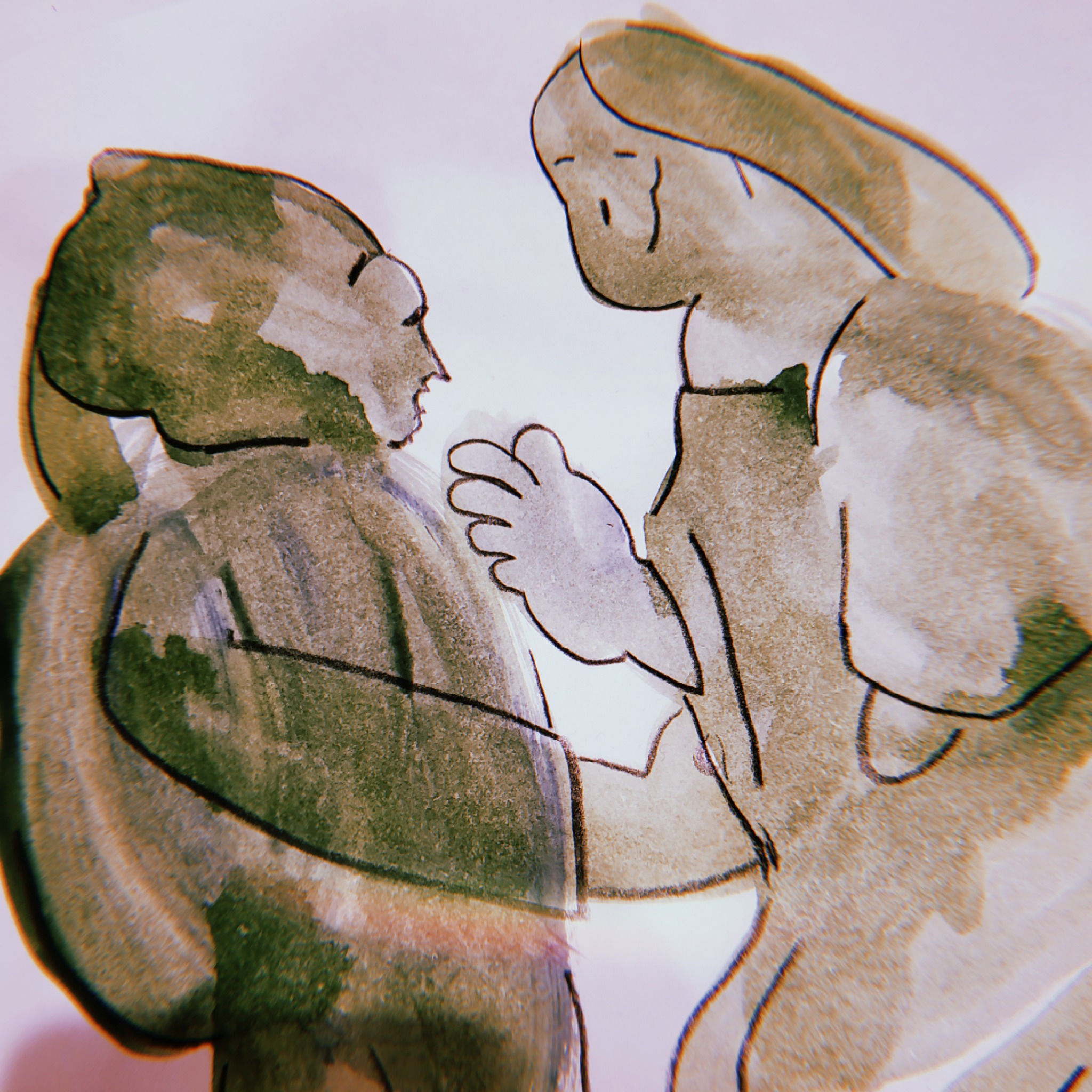 A painting of two green statues conversing.