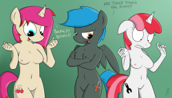 pj-nsfw:  Look guys! Anthro!!! You know, hands and tits and all that shet!! I’m pretty happy with this one, specially with the hands~ Well,  here are our three favourite mares: Righty from datte-before-dawn, Jade from whatsa-smut, and my lovely JC