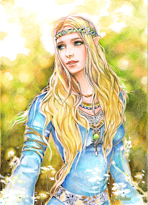 venlian:Idril with a Green GemWatercolour pencils A4 paperJ.R.R. Tolkien “Silmarillion”Estel was a g