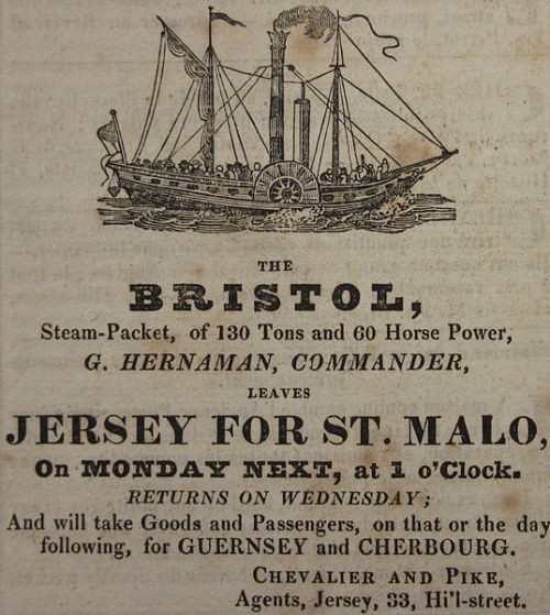 adventures-of-the-blackgang:Jersey - Saint Malo Steam Packet; 1829The Bristol, Steam-Packet, of 130 