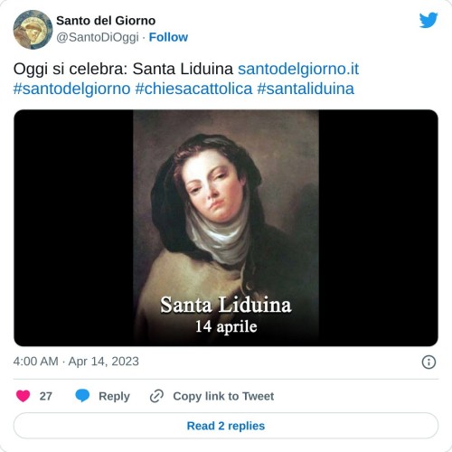 Oggi si celebra: Santa Liduina https://t.co/YeJ319veQQ#santodelgiorno #chiesacattolica #santaliduina pic.twitter.com/9zMMsvZAwF  — Santo del Giorno (@SantoDiOggi) April 14, 2023