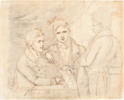 John Jackson (British; 1778–1831)Young Gentlemen in ConversationPen and brown ink and graphite on wo