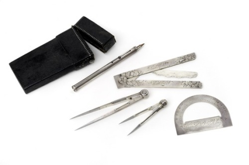 Michael Butterfield, set of drawing Instruments with leather case, ca. 1700. Engraved silver. Via Ku