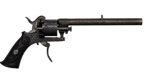 Engraved and silver decorated Lefaucheux pinfire revolver, mid 19th century.Surprisingly this revolv