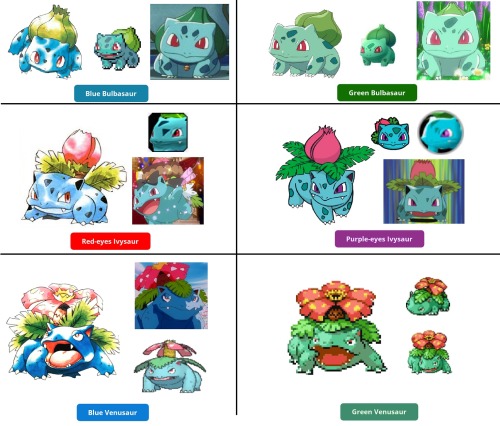 bulbasaur-propaganda: Do you know that the Bulbasaur line doesn’t have a constant color pattern as e