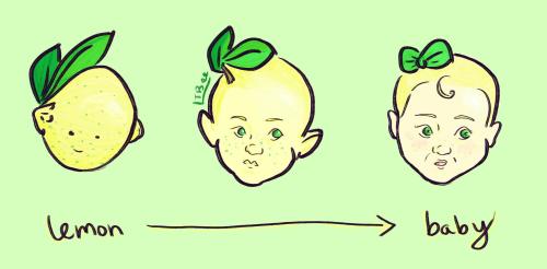 “lemon baby” inspired by our party gaining custody of a little citrus elemental[ID: a digital drawin