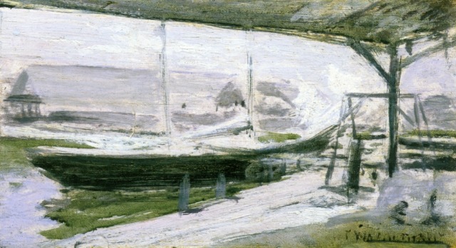 Under the Wharves, 1900, John Henry TwachtmanMedium: oil,panel #impressionism#johnhenrytwachtman#twachtman