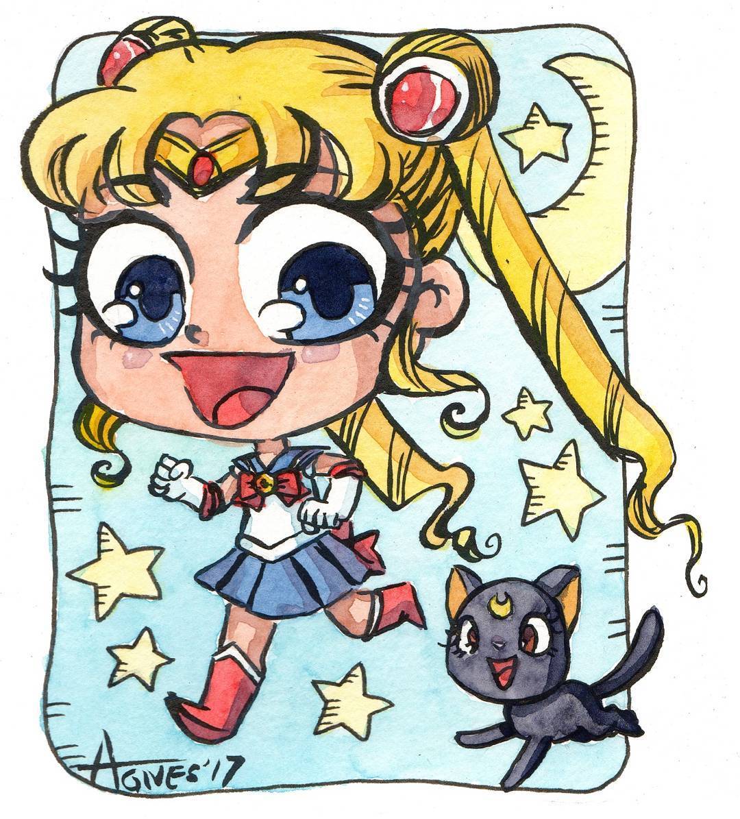 agnesgarbowska: Sailor Moon &amp; Luna watercolor. Will be for sale at SDCC artist