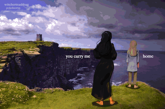 An animated, drawn .gif of a sweeping clifftop on a brisk spring day. One figure, a girl with long blonde hair, stands at the edge of the clifftop, looking out. A second, a woman dressed in a black robe with black hair, stands behind her. Their hair sways in the wind.