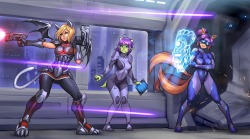 animeflux:  sapphicneko:  Neeks and Marisha extracting Neeks waifu Nalica from a secret operation. Neeks holding off the enemies while Marisha punches down a door with her holographic fist for them to escape thru.Also version with some strategic battle