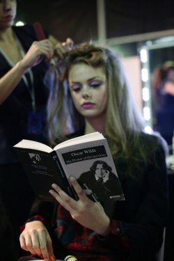 books0977:  Model Frida Gustavsson (Swedish, 1993-) reading Oscar Wilde’s The Picture of Dorian Gray. Discovered at 14 years old in an H&amp;M where she was shopping with another student, she immediately found herself overbooked. “The day after my