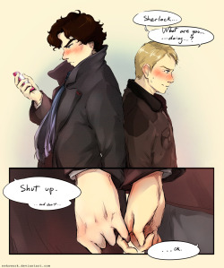 nekowork:  &ldquo;…And then, after a few seconds, both silent, John held softly and entirely Sherlock’s hand.&rdquo; A request from dA *v*Sherlock and John holding hands in a very shy way. I tried.  