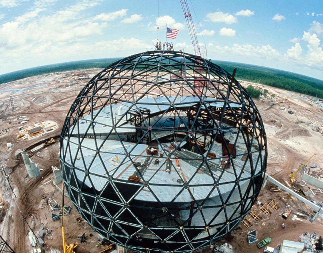 Adventurelandia — Spaceship Earth construction at EPCOT Center, 1979