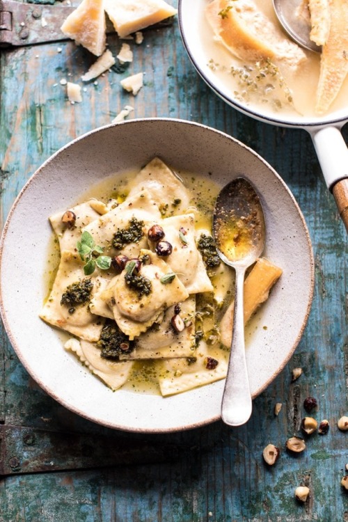 butternut squash hazelnut ravioli in garlic parmesan broth