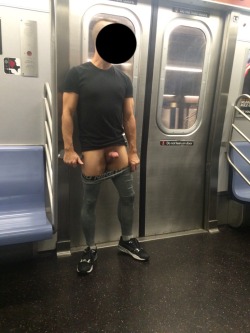 menexposing:  nyc-bulgemaster:Same daring guy… All out in the NYC subway!  Think you got what it takes to be photographed? Send me a message now! MEN EXPOSING