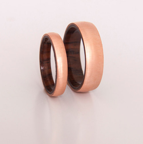 Copper wedding ring wood ring set of 2 with Cocobolo Wood Band rings