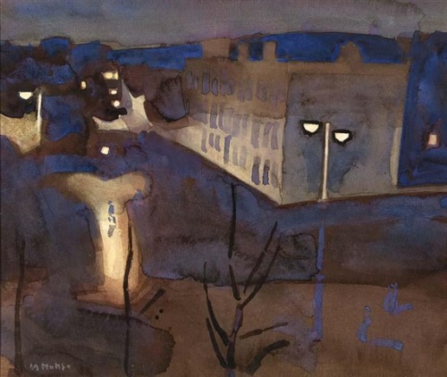 huariqueje:City View at Evening  -  Kees MaskDutch 1876-1967Watercolour on paper