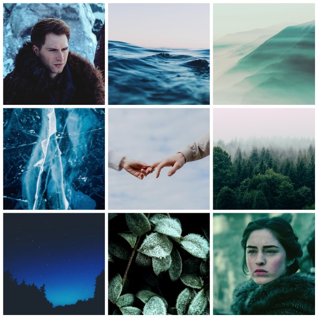 IMAGE ID: [a moodboard of nine square images. the pictures in the left column have light blue overtones, the right cloumn has light green overtones. in the middle column, the top picture is blue, while the bottom one is green. top row: the picture in the top left corner shows Calahan Skogman in his role as Matthias Helvar, wrapped in a fur coat in front of an icy background. he looks serious, and he is looking to the viewer's right. the picture in middle shows a deep blue ocean up close, while the sky is grey and cloudy. the picture in the top right corner shows green mountains that are completely overhung with fog. they have an eery feeling to them. middle row: the picture on the left shows blue ice with cracks in it; the biggest crack splits the picture in half. the picture in the center of the row shows two hands touching; the people they belong to are not visible. the background is a clouded sky. the hands are barely touching, only two fingers of each hand interlocking. what can be seen of the arms of the people is covered with sleeves in beige and light brown. the picture on the right shows a dark green forest, overhung with fog. the angle of the picture is taken from a similar height as the treetops, so it appears as if the viewer is looking down onto the forest. bottom row: the picture in the bottom left corner shows a night sky over a forest. the picture is taken from the ground, so the trees open in almost a semi-circle to reveal the dark blue sky with some stars in it. the colour of the sky becomes lighter towards the horizon. the picture in the middle shows a plant with its leaves covered in frost. the plant's colour is dark green, but the leaves are almost completely covered in white frost, making them appear lighter. the picture in the bottom right corner shows Danielle Galligan in her role as Nina Zenik, wearing a fur coat in front of a light green background. she is making a serious face and is looking towards the viewer's left.]