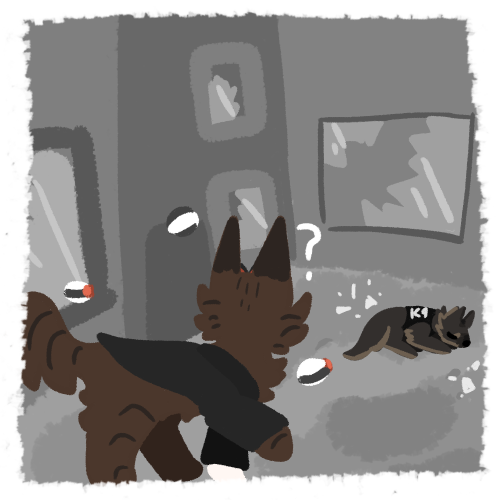 Bonus image of brown tabby cat as Dr Robotnik in a black jacket, looking down the way and seeing K9 stone unconscious. He has small badniks and a question mark symbol around him, as he looks away from the viewer.
