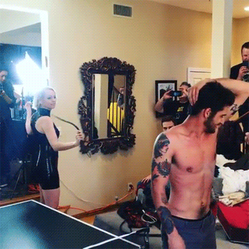 poseysfingers: Tyler getting whipped by Dominatrix Isabella Sinclaire during a game of “Sting Pong” on the Jason Ellis Show 3.31.17 