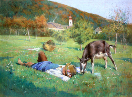 Karl Feiertag (1874 - 1949)  Boy with goat on the meadow