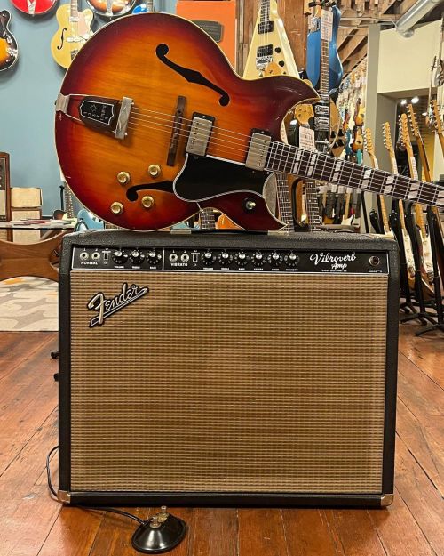 1963 Fender Vibroverb ( for original sales receipt) and a precisely perched 1962 Gibson Barney Kesse
