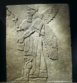 ancientart:  Examples of Neo-Assyrian reliefs from Nimrud at the Brooklyn Museum. The first is of a winged man-headed figure facing right. The second is of an eagle-headed winged figure standing between two sacred trees. Both of these reliefs date to ca.