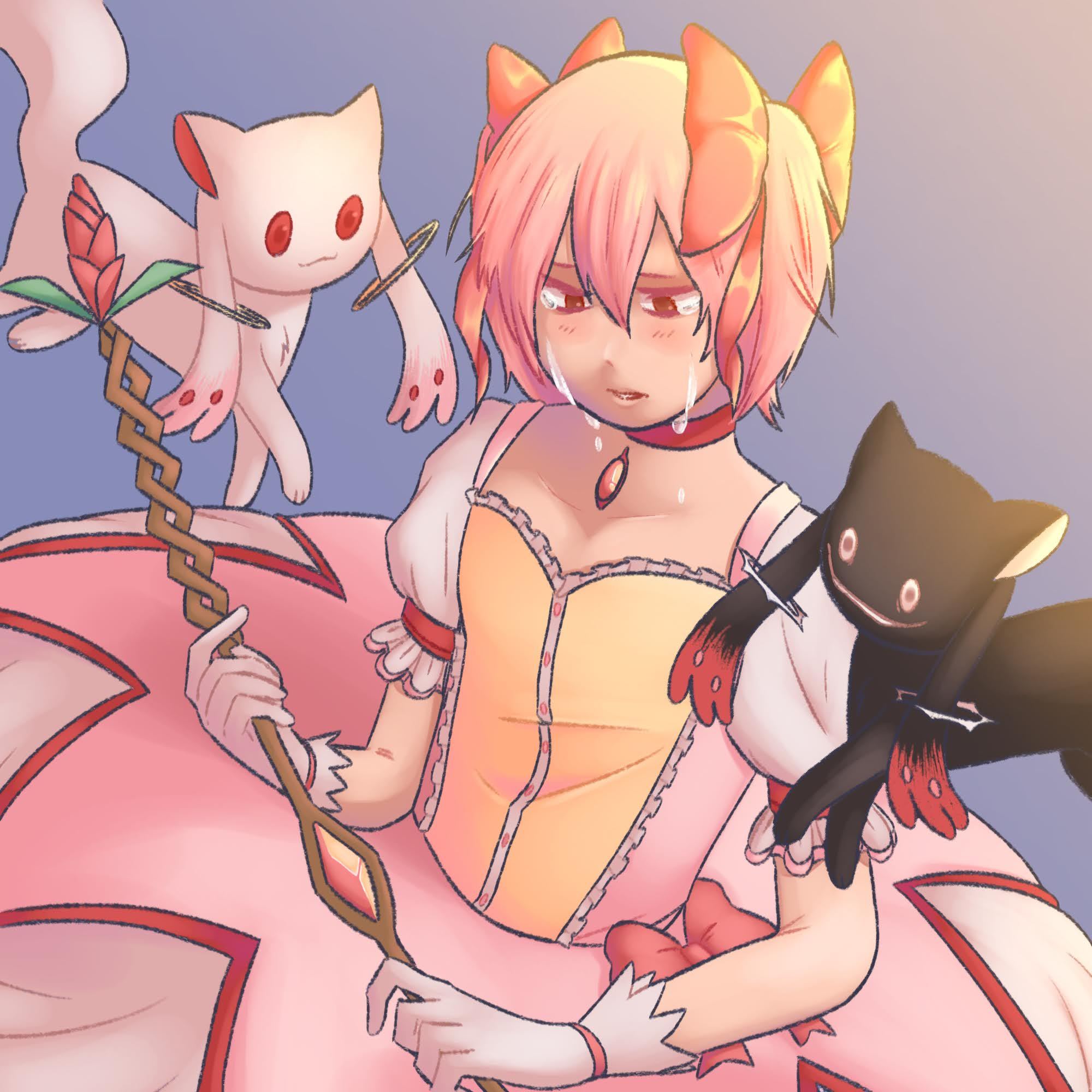 digital drawing of madoka kaname. she is in her magical girl dress, and is holding her staff and crying. above her is kyubey, and another version of kyubey who is black instead of white