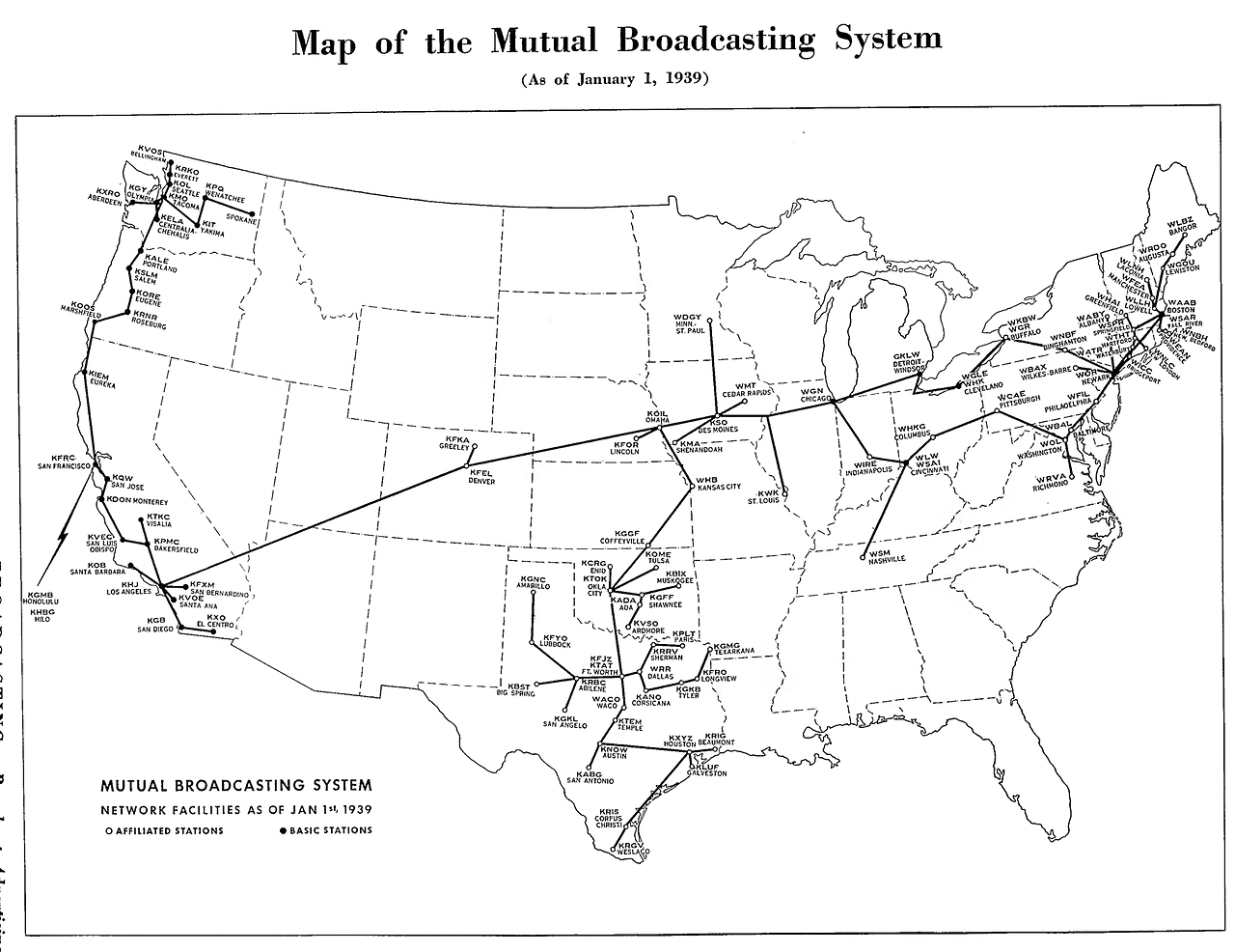 FADED SIGNALS: A 1939 map of the Mutual Broadcasting System.