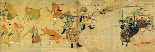 Japanese depiction of a battle between samurai and Mongol Bowmen, created 1293. Khubilai Khan invade