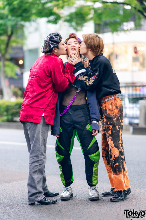 Japanese teens Dai, Kan, and Kota on the street in Harajuku wearing remake fashion along with items 