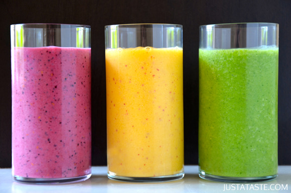 beautifulpicturesofhealthyfood:  Mixed Berry Smoothie; Mango Peach Smoothie; Green