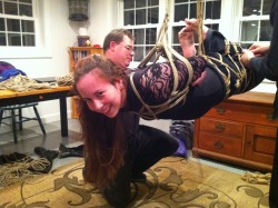 dancinglittle: My First Suspension - was so much fun. I couldn’t stop laughing and the riggers were poking fun at my flexibility. Not to mention my protector in the corner shooting me funny looks. I was laughing at him mostly. (brings a new meaning